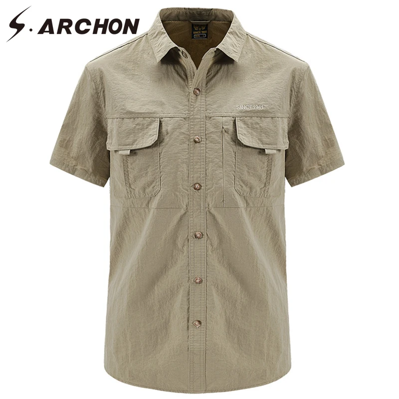 

S.ARCHON Summer Men Casual T-Shirt Quick Dry Army Military Combat Tactical T Shirts Breathable Two Big Pockets Work Top Shirts