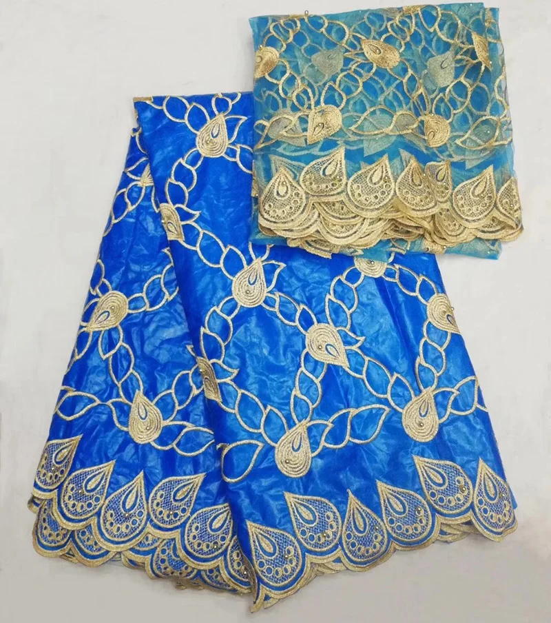

5+2yards/set most popular turquoise blue African bazin lace fabric with newe design embroidery for party dress BZL16