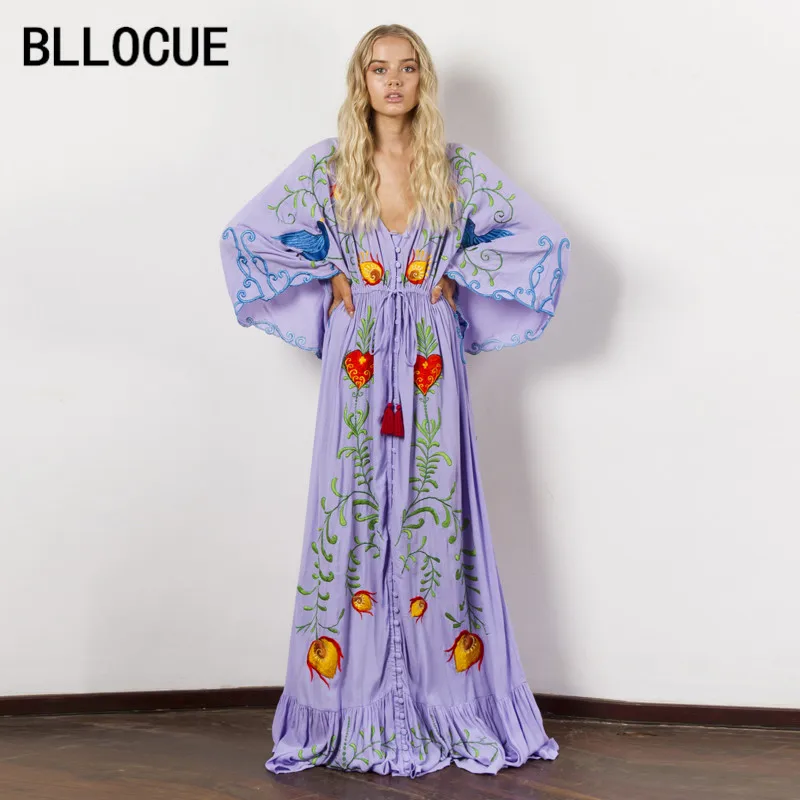 

BLLOCUE High-end Custom Women Bohemian Floral Embroidery Dresses 2018 Europe and America Holiday Dress Vestidos