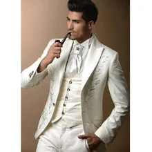 Заказ Классический вышивка белый мужские праздничные костюмы смокинг для жениха Стразы жениха Блейзер костюм(куртка+ брюки+ жилет+ галстук