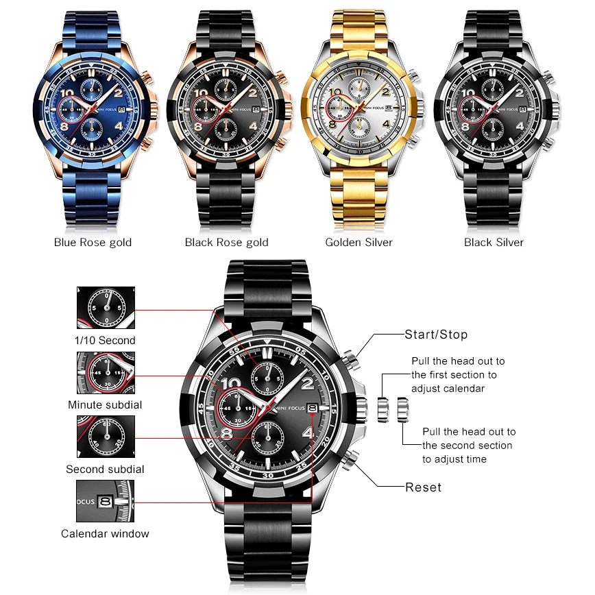 MINIFOCUS Men Watch Date Week Sport Mens Watches Chronograph Top Brand Luxury Waterproof Stainless Quartz Male Business Clock