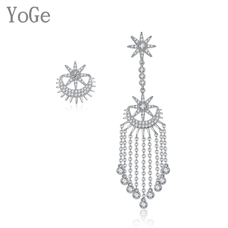 YoGe E0112 модные несимметричные серьги-гвоздики и кисточки в форме Луны и звезды с кубическим цирконием ААА