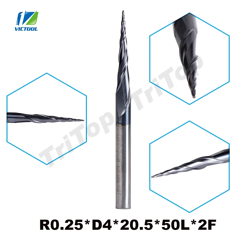 Cortador para Fresagem Cone de Esfera de Afunilar para Acabamento com Revestimento Resistente de Carboneto de Tungstênio Cnc tipo Cone de Fresagem Peçaslote Hrc55 5 R0.25*d4*20.5*50l*2f