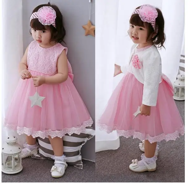 

Baby Girl's Pageant Suits 2017 Summer Lace Bow Christening Dress+Headband+Coat Infant 3PCS Sets Kids Birthday Formal Outfits