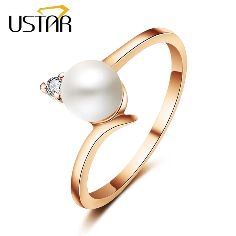 USTAR, женские свадебные кольца с жемчугом, ювелирные изделия с AAA кубическим цирконием, розовое золото, цвет кристалл, женские кольца для помолвки Anel - Цвет основного камня: Rose gold color