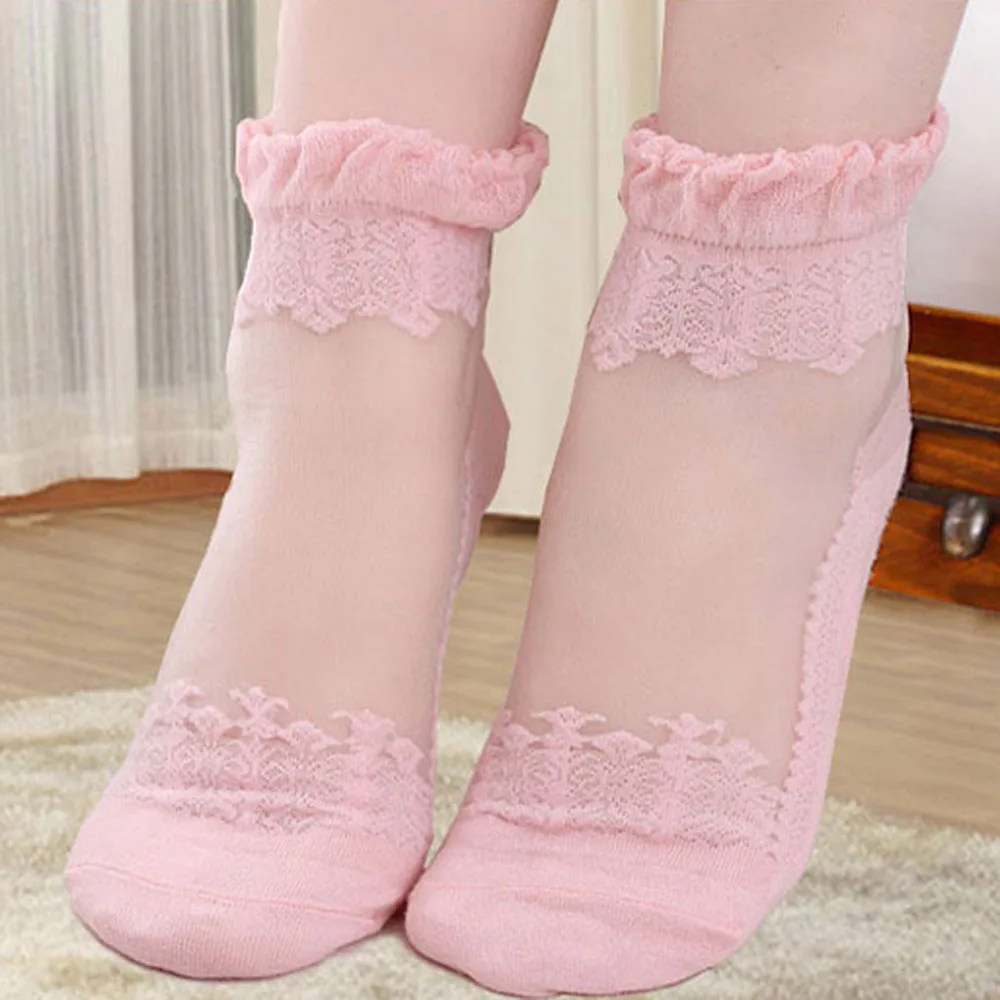1 Pair New Style Women Fashion Cotton Lace Detail Transparent Silk Sock