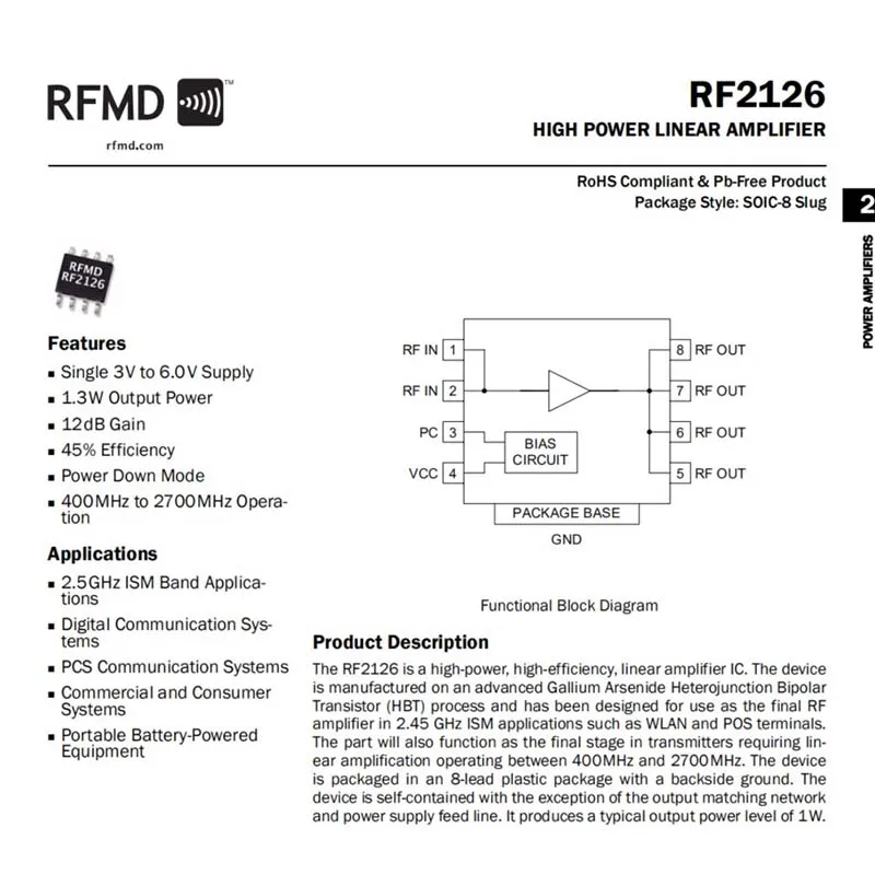 RF2126 2,4 GHZ широкополосный Восстановленный усилитель мощности 400 M-2700 MHZ 1W для wifi Bluetooth Ham Радио G2-004