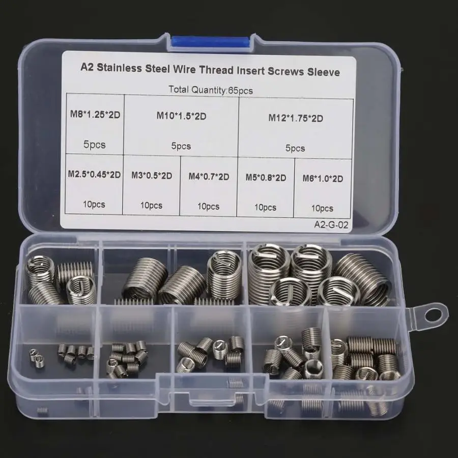 65 шт. M2.5M3/M4/M5/M6/M8/M10/M12 спиральная проволочная резьба вставка из Нержавеющей Стали Резьбовая втулка Helicoil комплект для ремонта резьбы