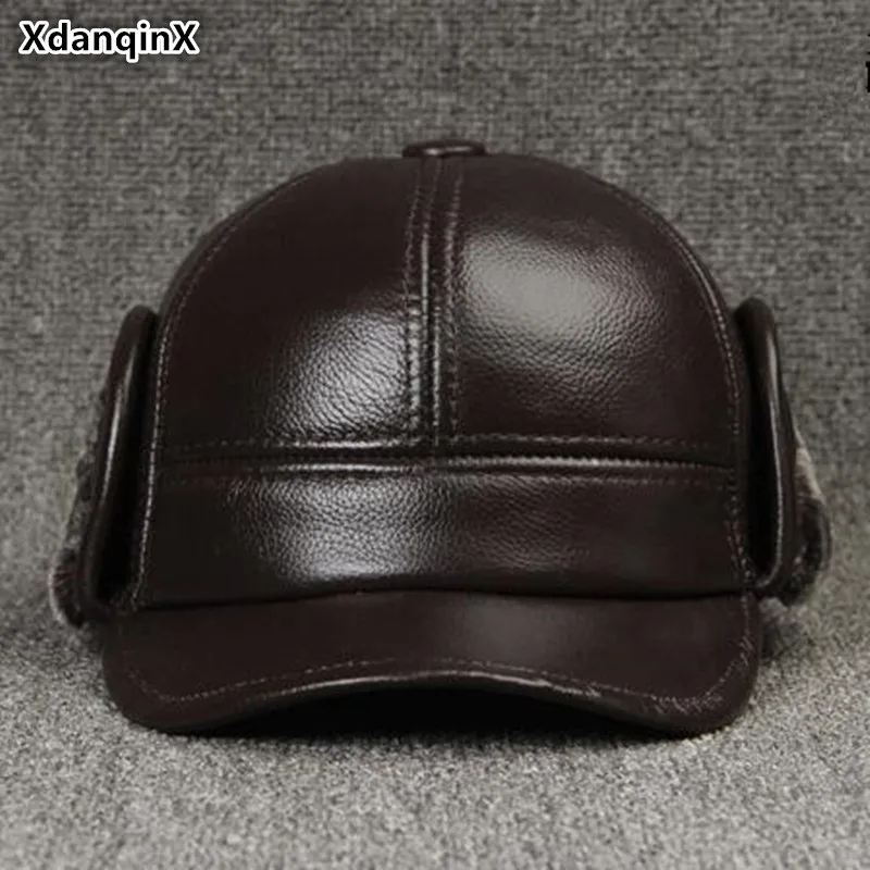 

XdanqinX Genuine Leather Hat Autumn Winter Men's Cowhide Baseball Cap With Ears Middle-aged Velvet Warm Earmuffs Hat Dad's Hats