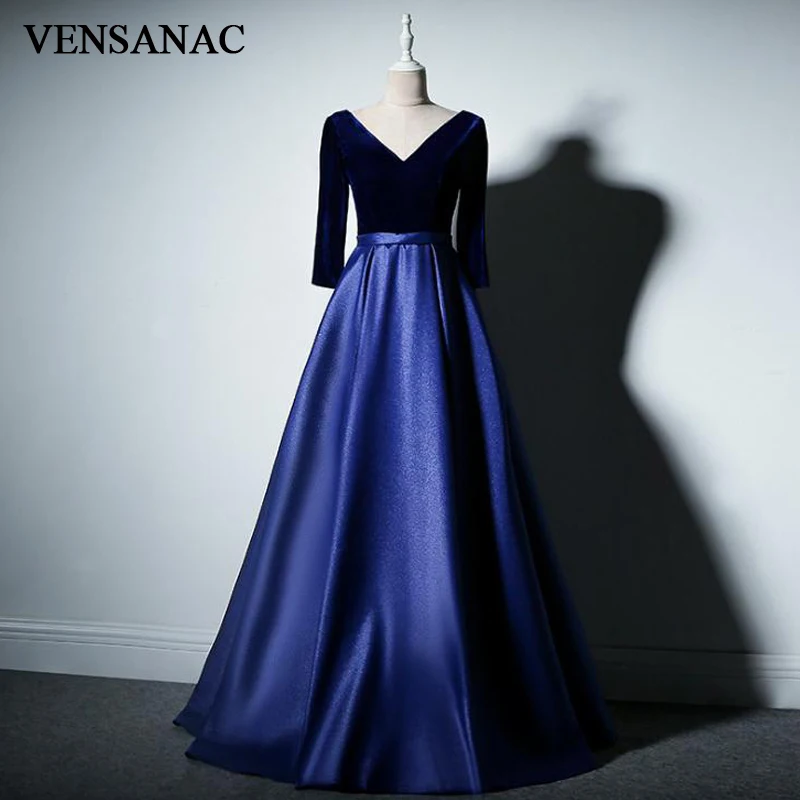 

VENSANAC 2018 V Neck Velour Long Sleeve A Line Long Evening Dresses Elegant Satin Sash Open Back Party Prom Gowns