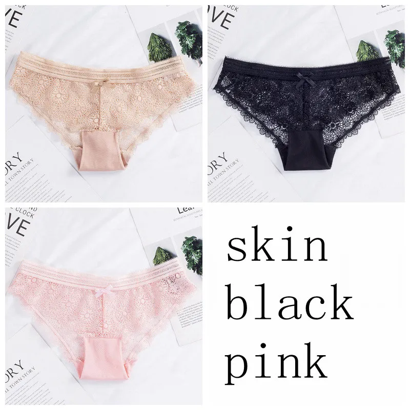 skin black pink SP& CITY, 3 шт., сексуальное однотонное бесшовное, Прозрачное нижнее белье с бантом, низкая талия, кружевное нижнее белье, женское нижнее белье, трусы, женские стринги - Цвет: skin black pink