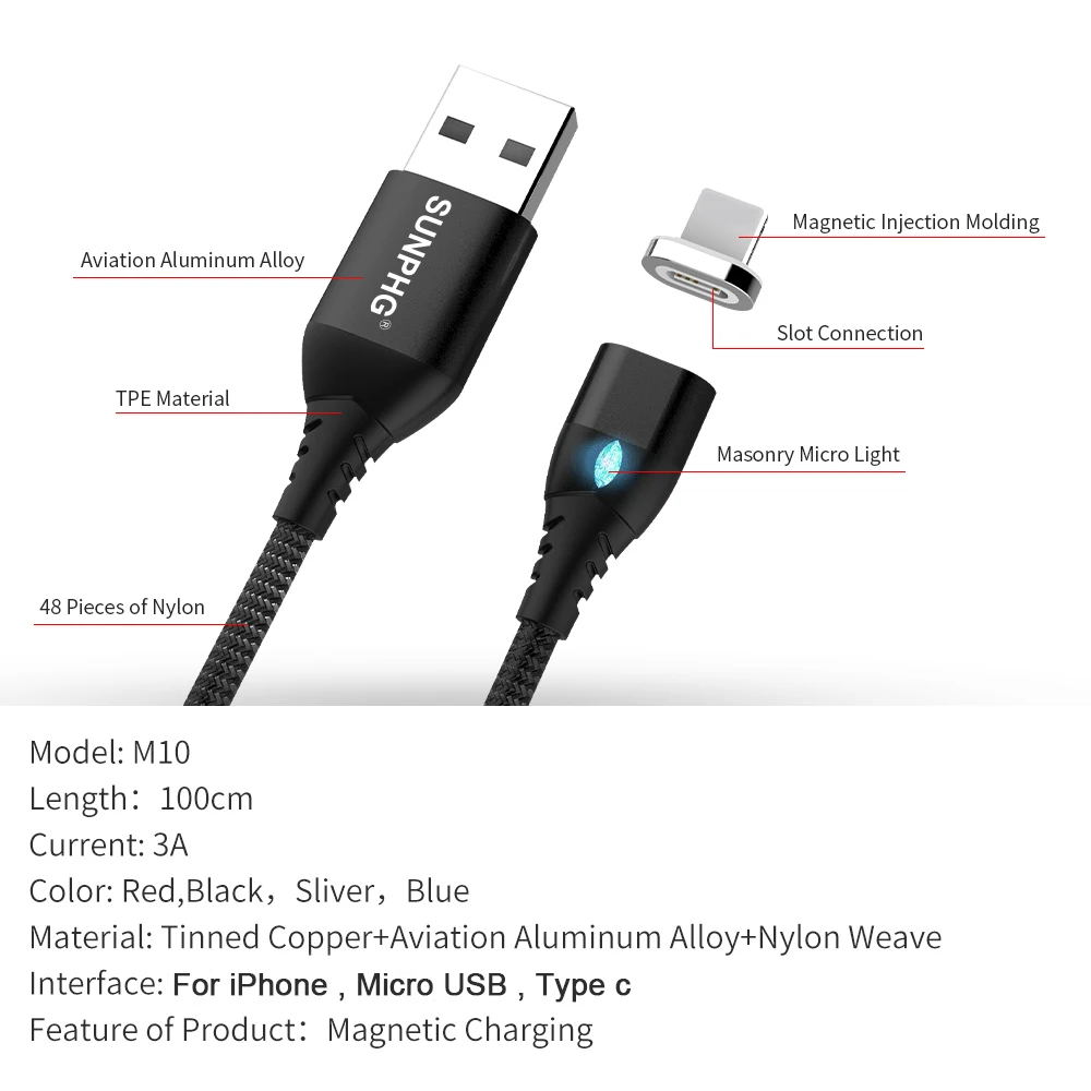 SUNPHG Магнитный зарядный кабель 3 в 1 Micro USB Ksiomi Быстрая зарядка для iPhone XS для samsung type C Xiaomi Xiomi