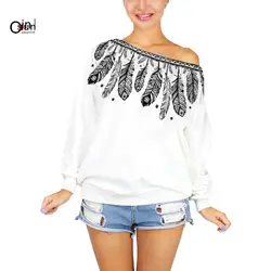 Osunlin 19 женская весна осень длинный рукав с открытыми плечами пуловер Туника Топы 3D свитер с перьями Толстовка черепа рубашка Топы