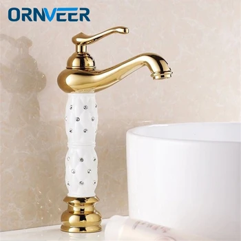 

Luxury Gold Plated Bathroom Faucet Tall White Ceramic Body Basin Sink Mixer Tap G-050