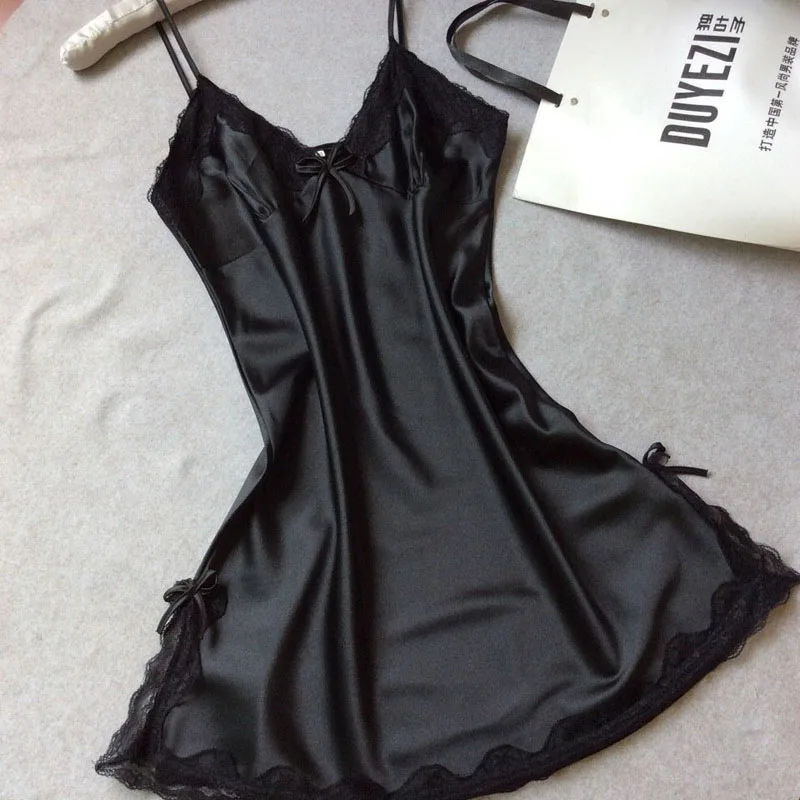 

1PCS New Fashion Women High Quality Sexy Faux Silk Satin Night Gown Sleeveless Night Sleep Dress Lace V neck