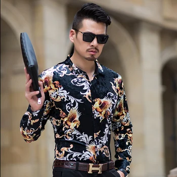

High quality mens fashion pattern gold velvet dress shirt autumn winter male velvet shirts free shipping