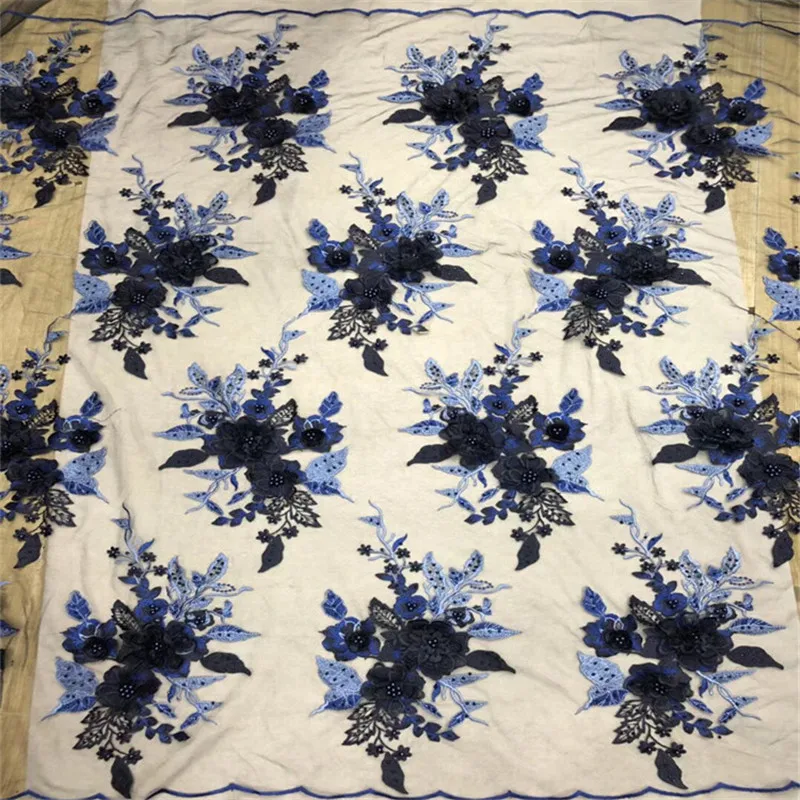 1Yard With 12Pcs 3d Flower Embroidery Tulle Fabric Beaded African Lace fabric Sewing Wedding Patch Dress Clothes Patchwork Diy