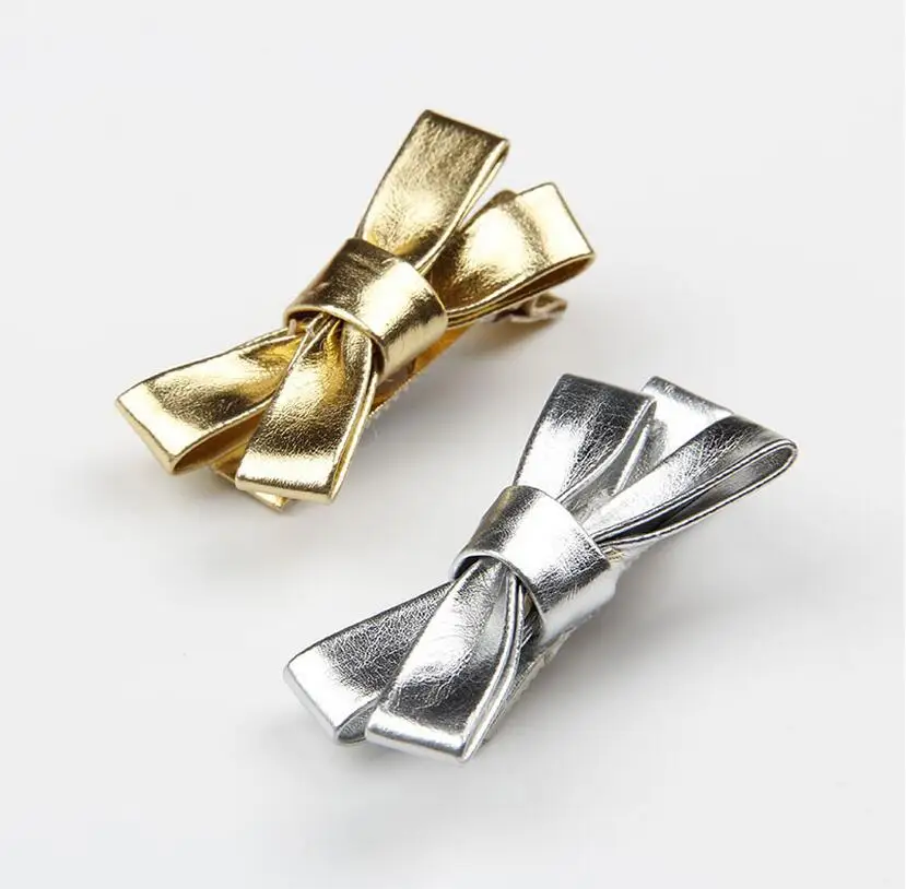 

Silver/Gold Leather Bows Hair Clips Nice Gift For Girls Kids 50Pcs/Lot
