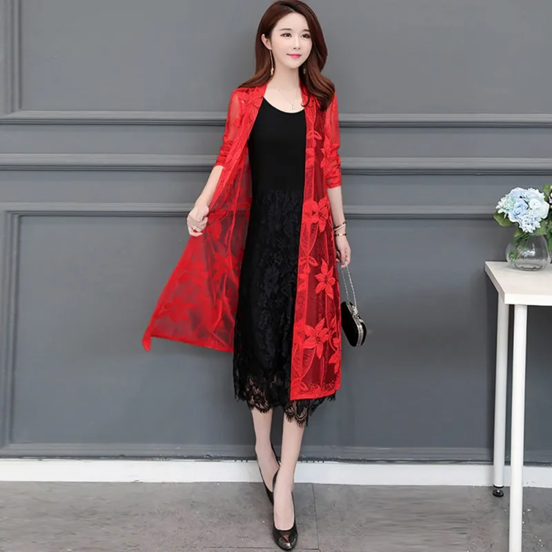 

blouse women Summer Solid Color Open Front Thin Chiffon Sun Protection Lace Openwork Tops Beach Cardigan