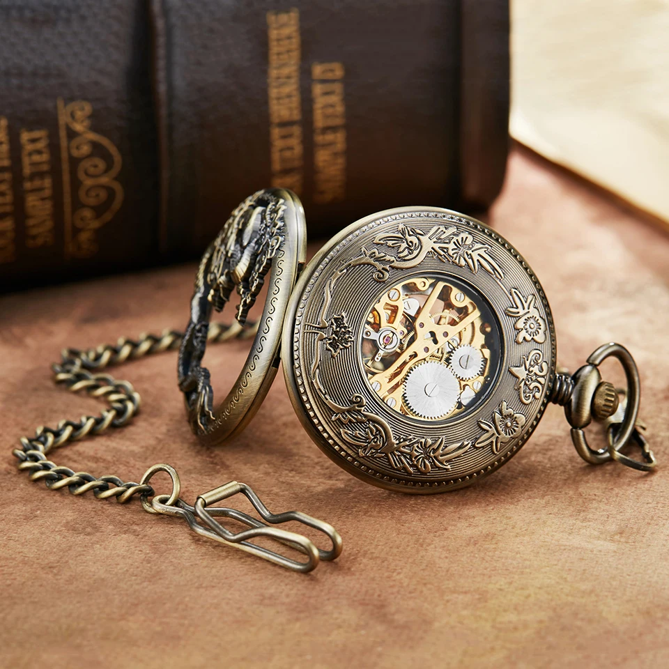 Роскошные серебряные Механические карманные часы Дракон лазерная гравировка часы ожерелье в виде животного черный ручной обмотки Мужские Fob часы с цепочкой