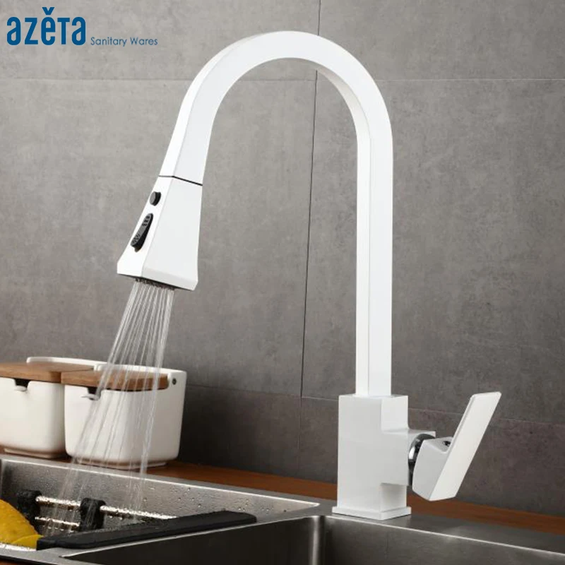 

Azeta White Kitchen Faucet Pull Out 360 Rotation Kitchen Mixer Tap Single Handle Deck Mounted Crane for Kitchen Sink Tap AT9608W