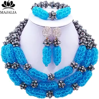 

Majalia Luxury Nigeria Wedding African Beads Jewelry Set Silver and Lake blue Crystal Necklace Bridal Jewelry Sets 1TY027