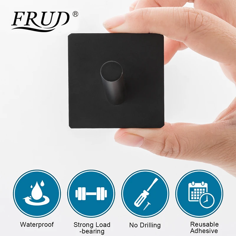 FRUD Square Black Solid Stainless Steel Single Robe Hook Towel Rack Clothes Hook Wall Mounted Bath Accessories 4pcs/Set