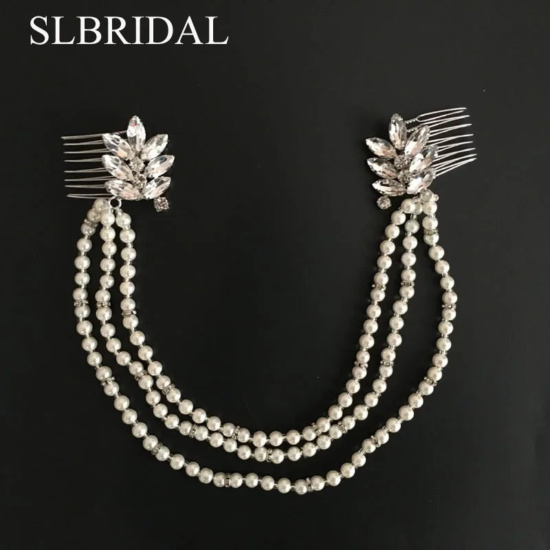 SLBRIDAL серебристый прозрачный со стразами и кристаллами, жемчужный свадебный гребень для волос, цепочка на голову, свадебные головные уборы, аксессуары для волос, для подружек невесты, для женщин