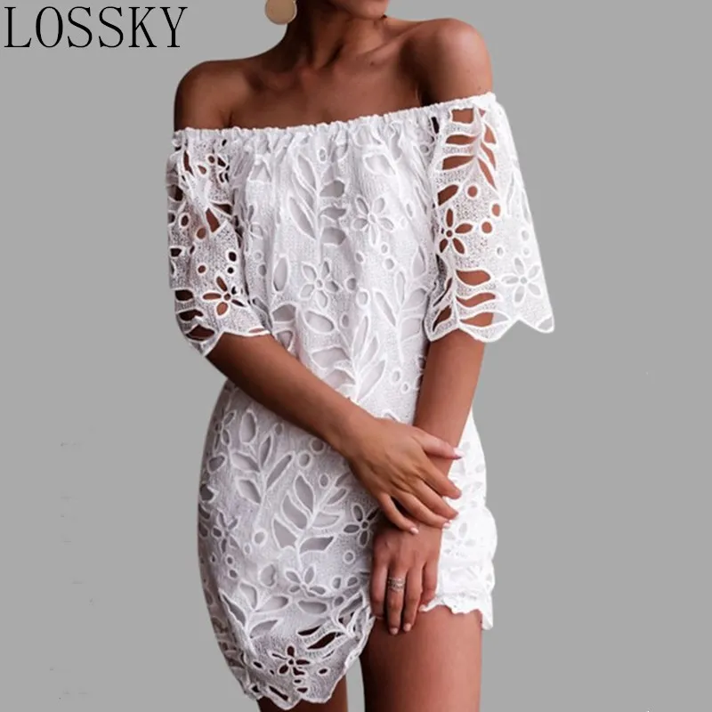 

LOSSKY Sexy Lace Hollow Out Mini Dress Casual Half Sleeve Women Solid Elegant Summer Slim Dress White Party Short Dress Vestidos