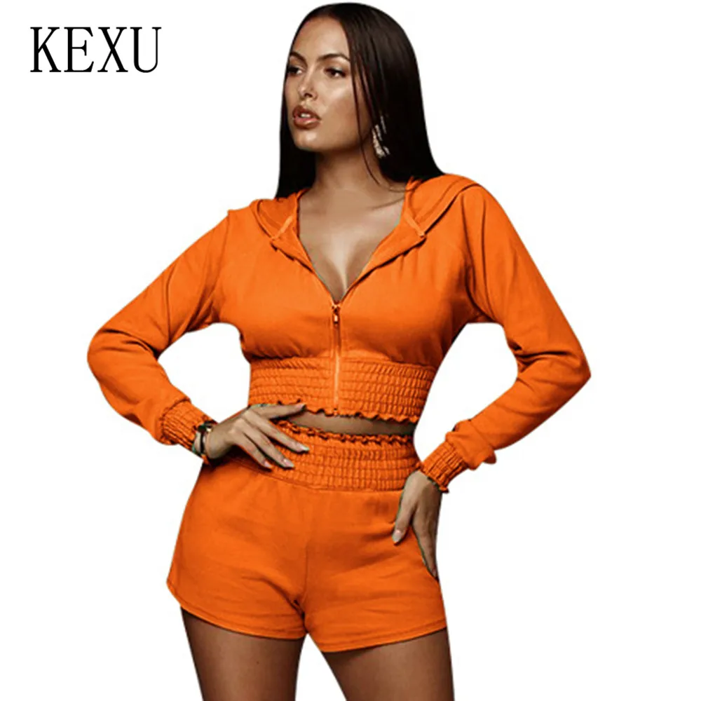 

KEXU Slim Zipper Jumpsuits Women New Fashion Long Sleeve Hooded Two Pieces Sets Femme Bodycon Playsuits Ladies Casual Overalss