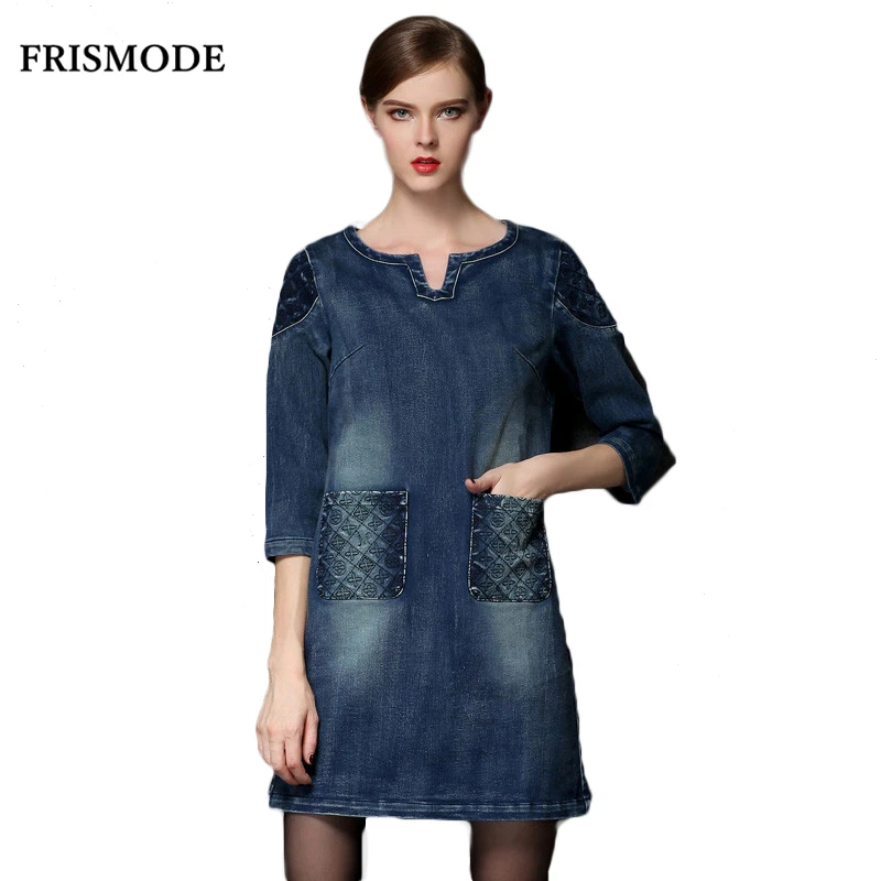 5XL Women's Plus Size Denim Dress Female Three Quarter 2018 New Spring autumn Solid dark Blue 