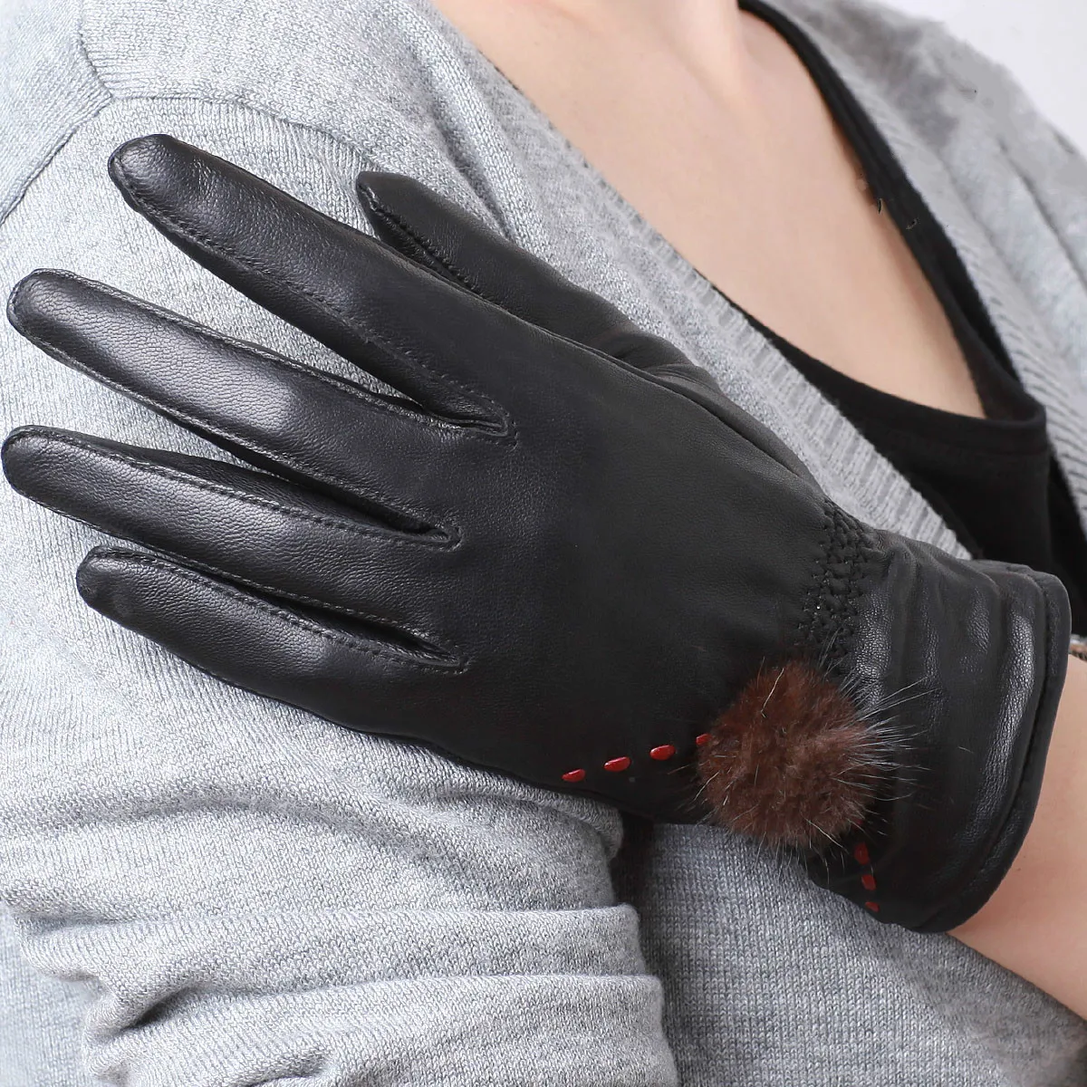 Ladies Genuine Leather Gloves Fur Sheepskin Gloves Outdoor Cycling
