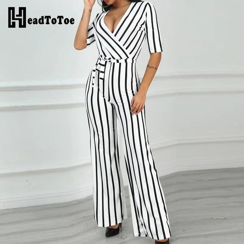 

Deep V-neck Striped Waist Belted Wide Leg Jumpsuit Women Half Sleeve Casual One Piece Overalls Office Lady Jumpsuits Workwear