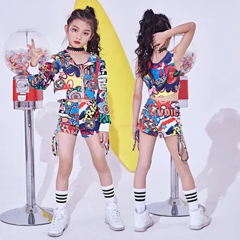 

Hip Hop Dance Costume Girls Printing Outfit Vest Shorts Jacket Kids Jazz Costumes Street Dance Clothing Stage Dress DQI334