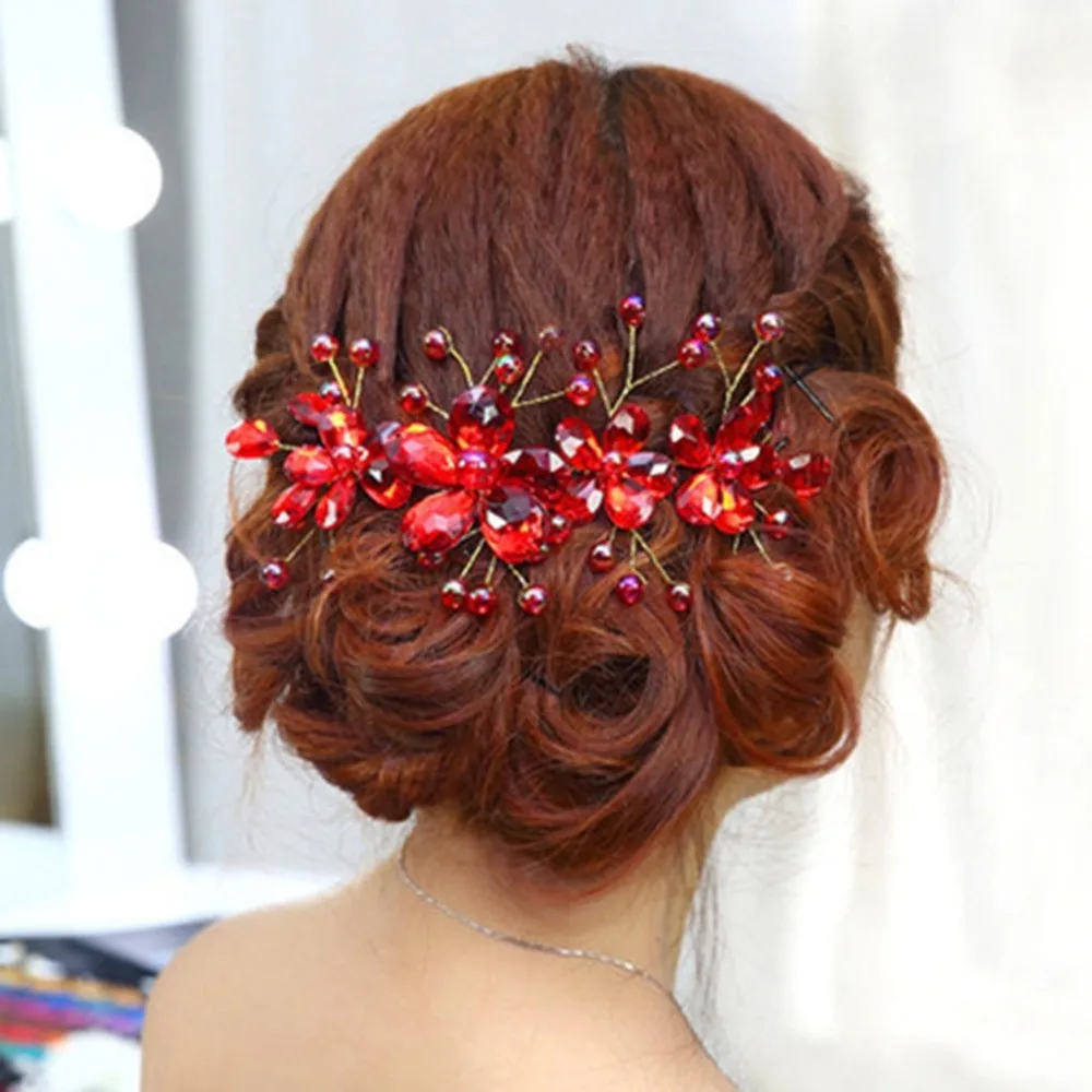

Wedding Hair Accessories Red Flowers Hair Clips Bride Rhinestone Tiara Bridal Crown Floral Hairdress Hair Bands Jewelry