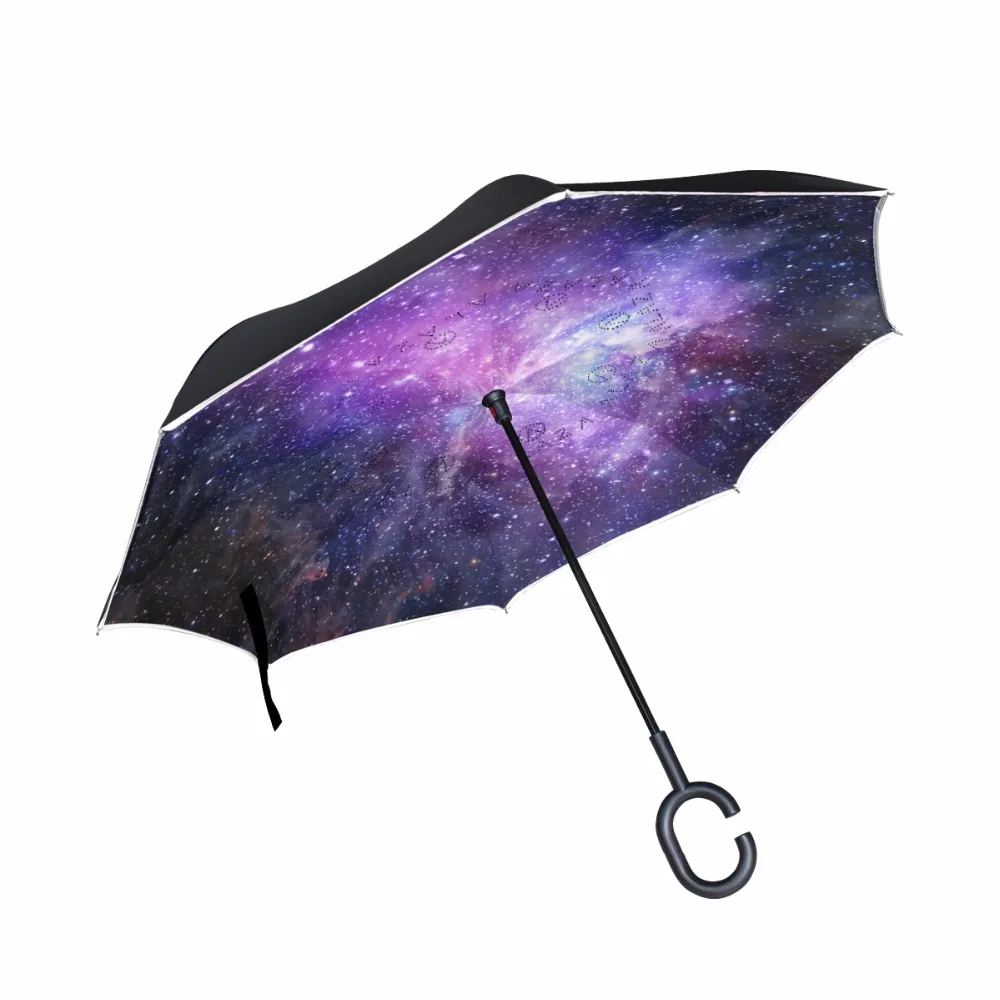 Обратный Galaxy Sky двухслойный перевернутый зонтик самостоящий c-крюк длинная ручка для автомобиля ручной открытый путь солнце/дождь зонтик