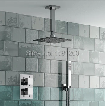 

8" Ultra Thin Square Thermostatic Shower Set 2-Way Bathroom Concealed Install Shower Set Ceiling Mounted