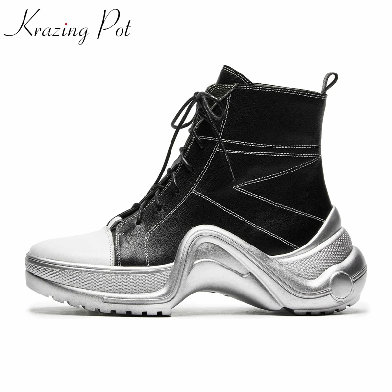

krazing pot 2019 genuine leather platform wedges heels leisure soles round toe waterproof increased high quality ankle boots L78