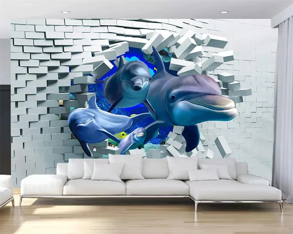 

beibehang Custom wallpaper 3D brick wall deep sea animal dolphin stereo living room bedroom TV background walls 3d wallpaper