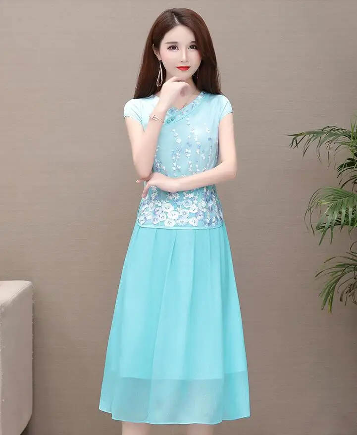 Cheongsam стиль платье новое летнее сказочное милое сшивание поддельные две части моды элегантное платье с короткими рукавами