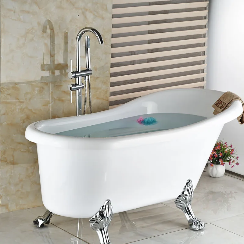 Chrome Finish Floor Mounted Free Standing Bathtub Mixer Tap Faucet W Hand Held Shower