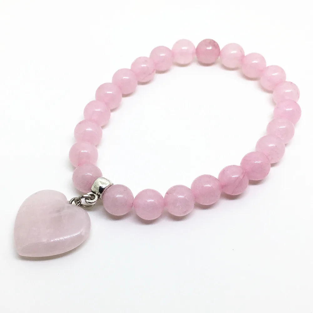 

Wholesale Natural Stone Beads 8 mm Bracelets with Heart Charm Elastic Purple Pink Crystal Howlite Opal etc