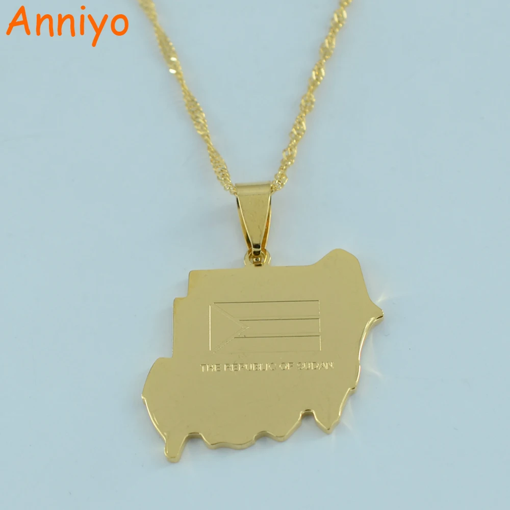 Anniyo (Pendant: 2.8cm X 3cm) The Republic of Sudan Map & Flag Necklace Pendant Gold Color Patriotism Jewelry #000521 endemic goitre in the sudan
