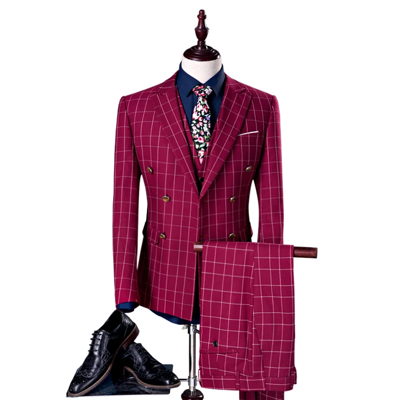red plaid pants suit