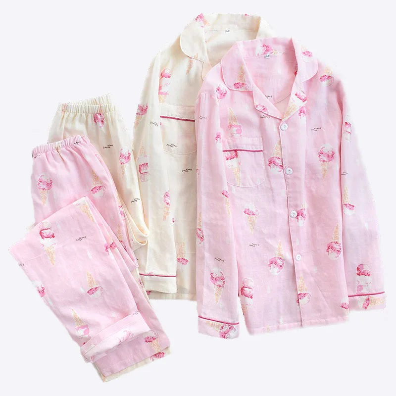 

2019 New Women Pajamas Set Ice Cream Printed 100% Gauze Cotton Ladies Sleepwear Two Piece Set Turn-down Collar Household Clothes