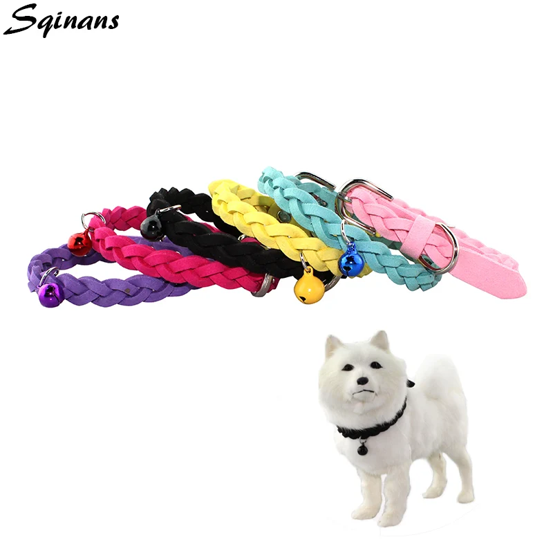 Sqinans Braided Dog Collar With Bell Fiber Pet Necklace For Puppy Hand