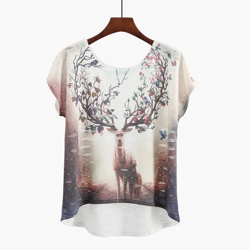 RAISEVERN Summer Unicorn T-shirt Women Asymmetric Tshirt Short Sleeve Casual Top Fashion Sika Deer&Birds Cartoon Print Tee shirt RAISEVERN Summer Unicorn T-shirt Women Asymmetric Tshirt Short Sleeve Casual Top Fashion Sika Deer&Birds Cartoon Print Tee shirt