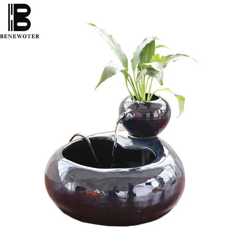 

110/220V Ceramics Lucky Feng Shui Wheel Flowing Water Fountain Fish Tank Hydroponics Plant Bonsai Office Desktop Home Decoration