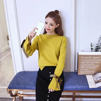 

sweater women spring autumn winter 2017 feminina thin pullover new bowknot pure color cute sweet knit sweaters female A4511