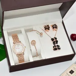 Модные женские часы ювелирные изделия 5 шт. комплекты с браслетом Ожерелье Серьги Кольца Набор женские роскошные повседневные часы с